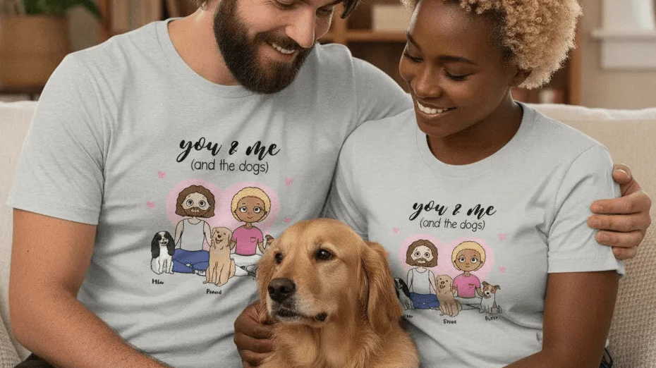 Personalized You & Me (And The Dogs) Adult Unisex T-Shirt Custom Couple & Dog Family Shirt with Names