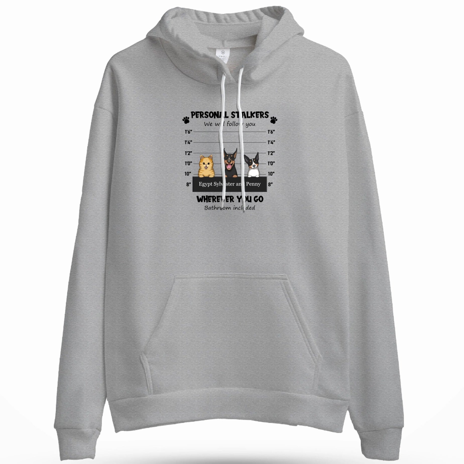 Custom Embroidered Personal Pet 'Stalkers' Adult Unisex Hoodie Pet Dogs & Cats Caricatures Gray hoodie on a white background
