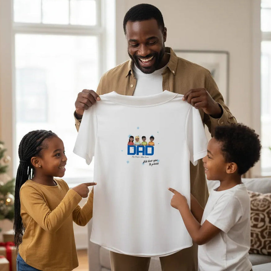 Man holding a white custom embroidered baseball shirt = DAD we love you custom art with children's designs in a living room with a Christmas tree and two children - love life journey