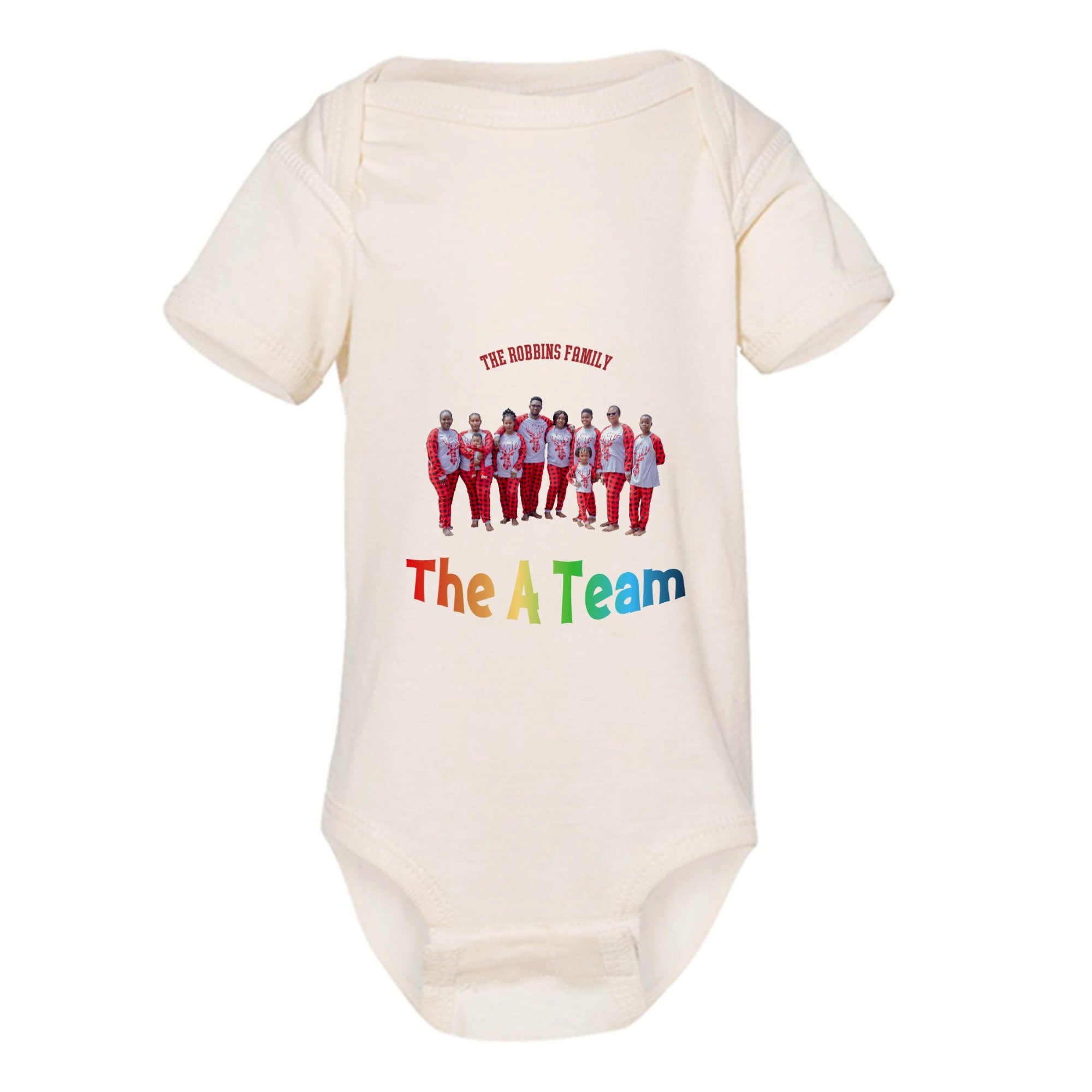 Baby onesie Custom family photo baby onesie with automatic background removal and personalized text on a white background