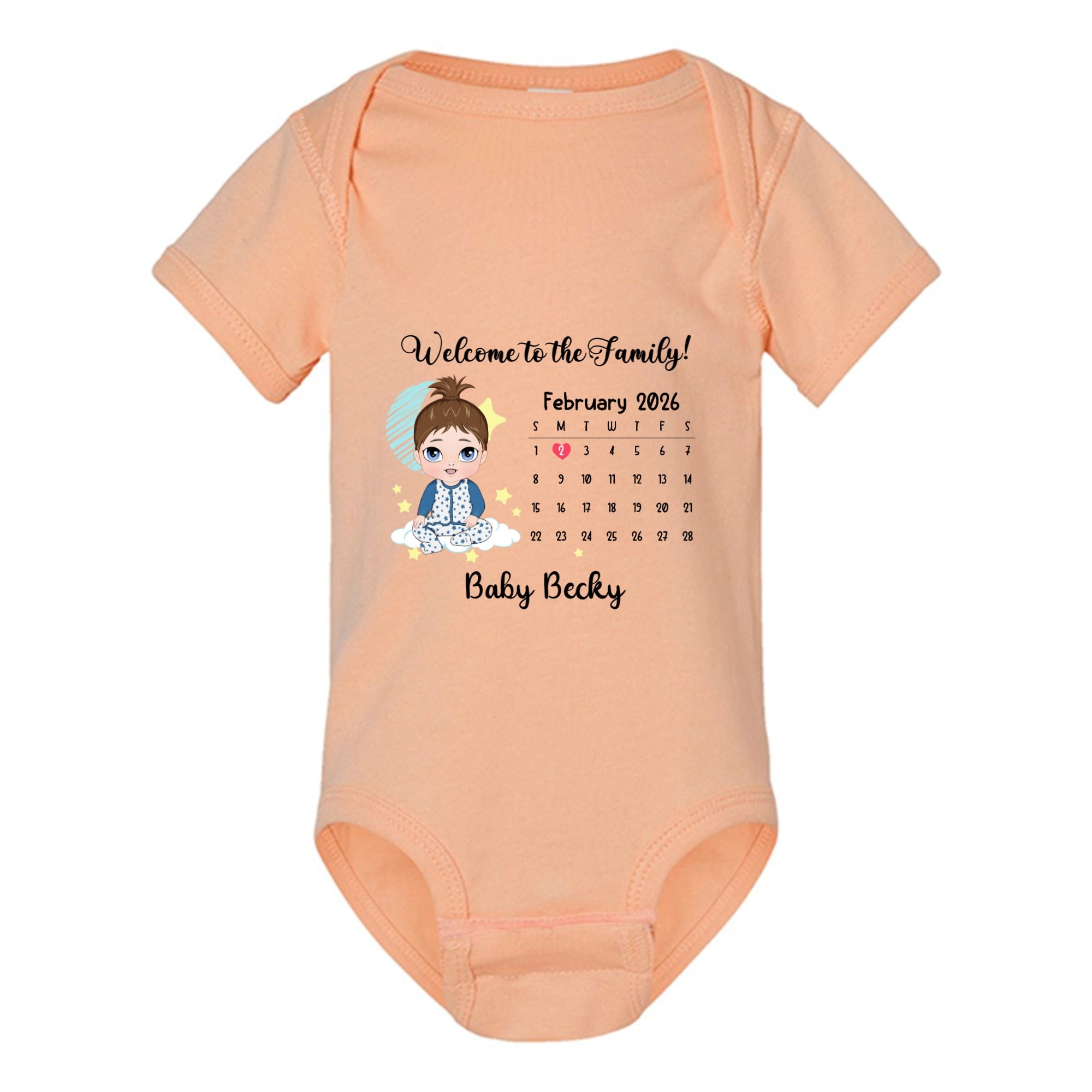 Custom newborn baby bodysuit with personalized birth date, arrival calendar, and family welcome message Peach-colored baby onesie with a printed design on a white background