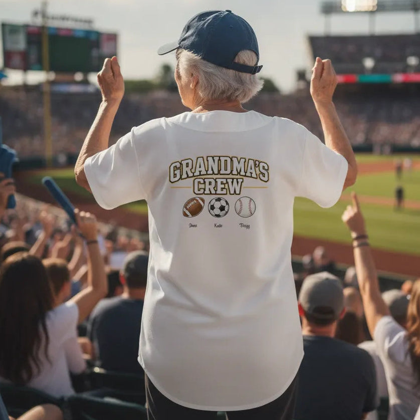 Personalized Grandpa's (or Grandma's) Team Embroidered Baseball Jersey worn by Grandma