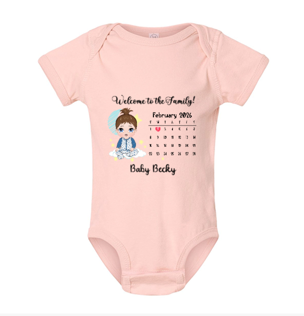 Custom newborn baby bodysuit with personalized birth date, arrival calendar, and family welcome message Pink baby onesie with a printed design and text on a white background