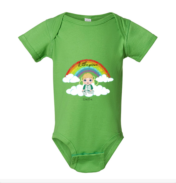 Personalized Little Princess or Little Prine baby bodysuit featuring custom baby character and magical fairytale artwork - Apple Green Onesie