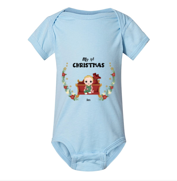 Custom baby's first Christmas outfit with personalized name and Christmas-themed artwork - Light blue Baby Onsie on white background