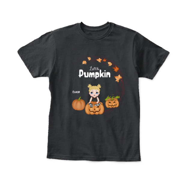 Custom Halloween youth shirt featuring personalized child character and spooky autumn artwork - Dark T-Shirt