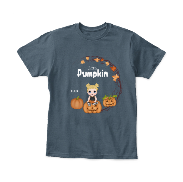 Custom Halloween youth shirt featuring personalized child character and spooky autumn artwork - Grey-Blue T-Shirt