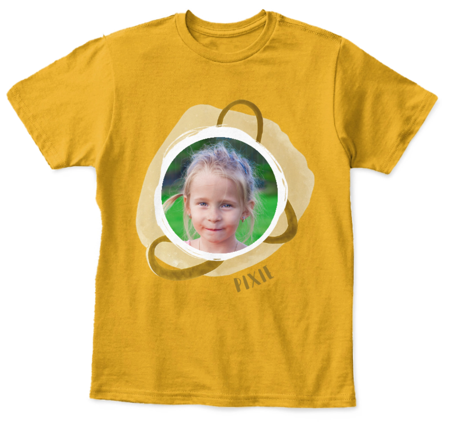 Custom youth T-shirt with personalized photo print and name Yellow t-shirt with a circular cutout featuring a custom child's photo on a white background.