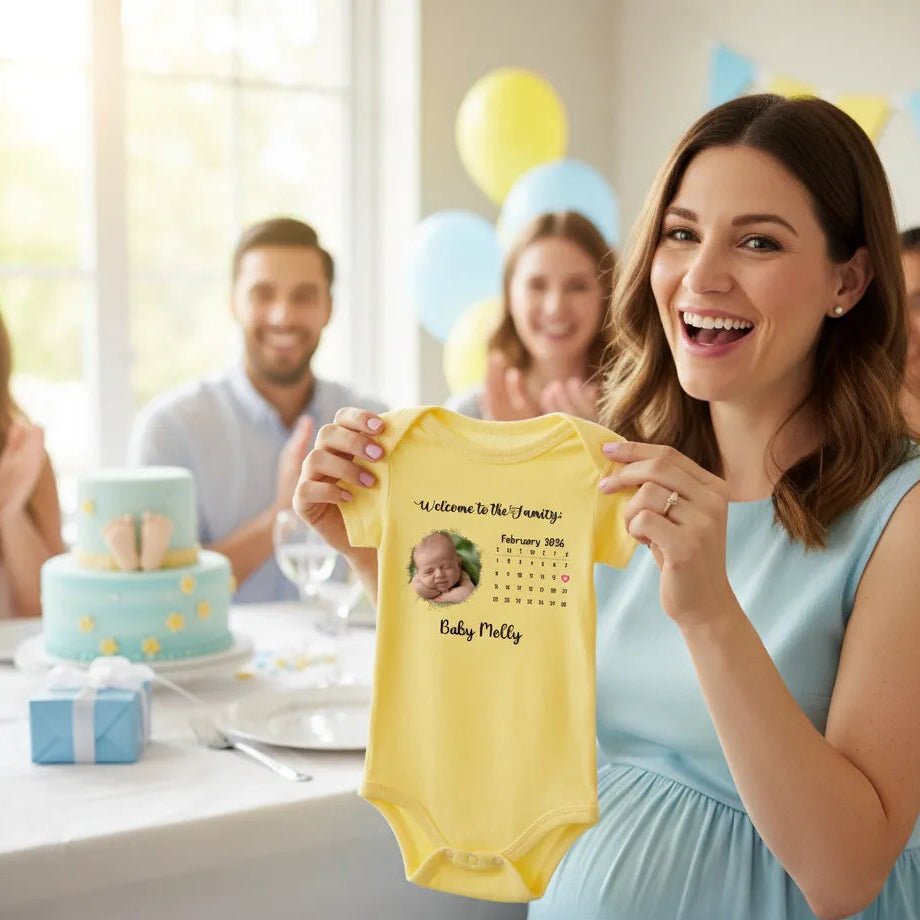 BABY BODYSUIT (Made in USA) Personalized with Baby Photo, Name & Birthdate Calendar - Love Life Journey