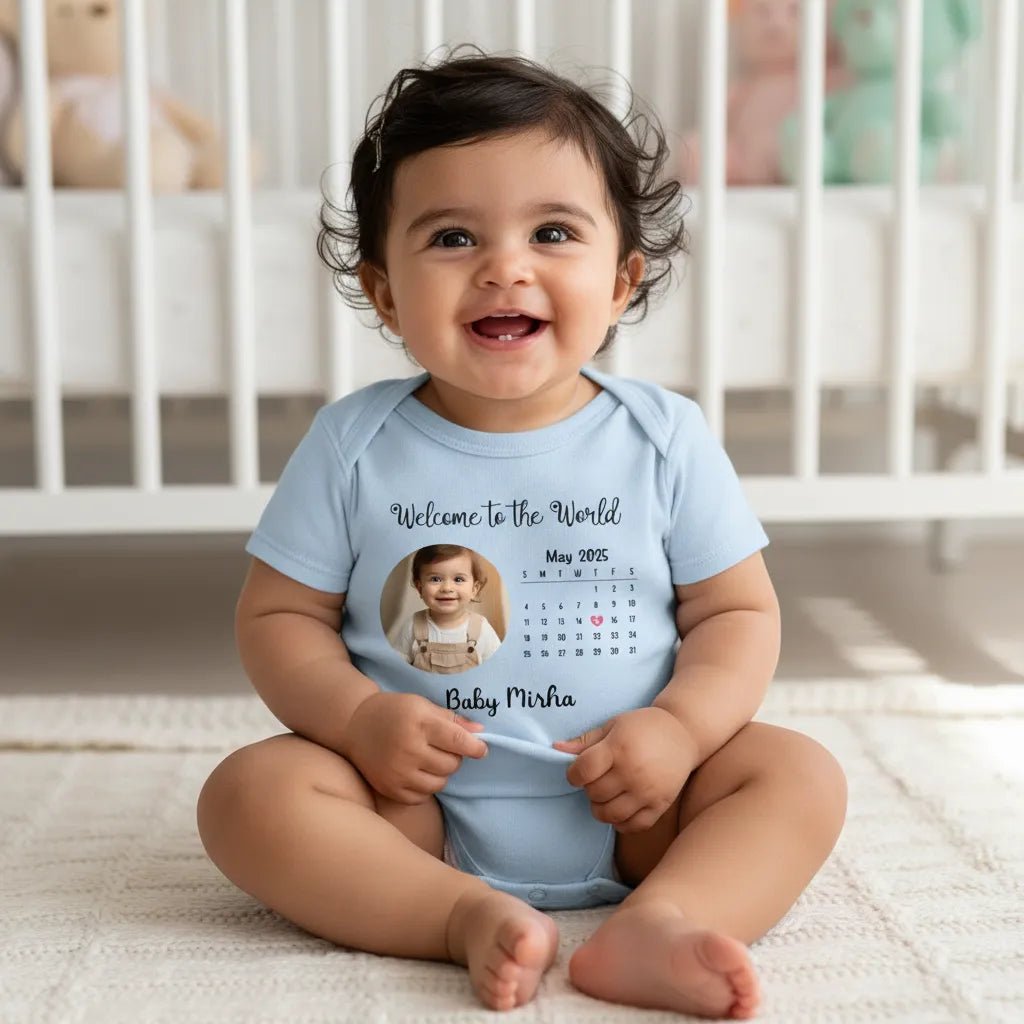 BABY BODYSUIT (Made in USA) Personalized with Baby Photo, Name & Birthdate Calendar - Love Life Journey