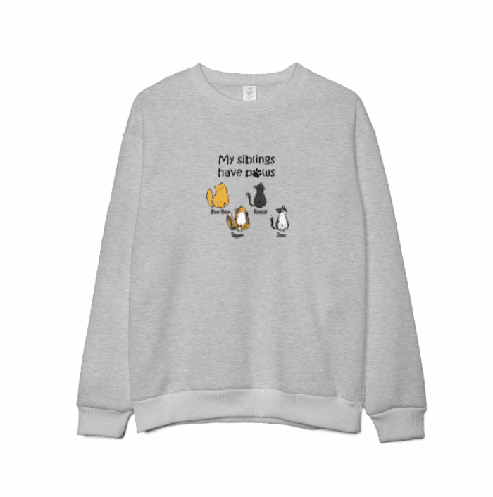 Custom Embroidered My Siblings Have Paws Lightweight Classic Unisex Sweatshirt - Love Life Journey Personalised Gifts - in Grey - Up To 4 Custom Cats