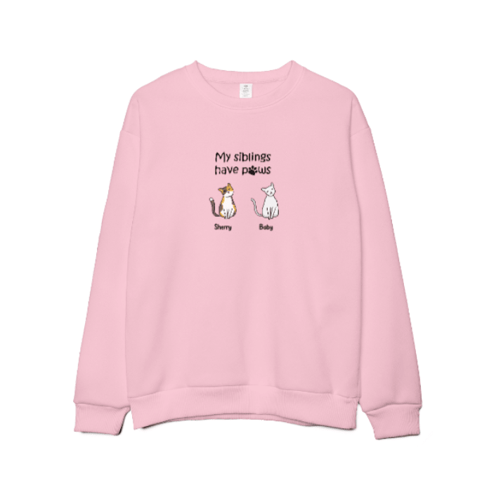 Custom Embroidered My Siblings Have Paws Lightweight Classic Unisex Sweatshirt - Love Life Journey - Personalised Gifts - in Light Pink - Up To 4 Custom Cats