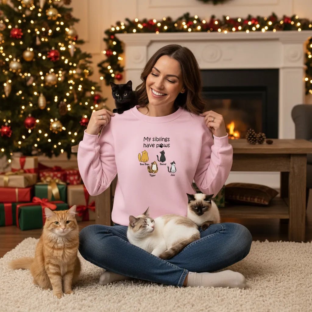 Custom Embroidered My Siblings Have Paws Lightweight Classic Unisex Sweatshirt - Love Life Journey - Personalised Gifts - in Light Pink - Up To 4 Custom Cats - Christmas Sceen Lady with 3 pet cats