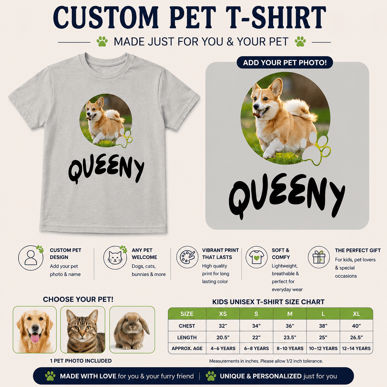 Custom Kids Pet Photo Unisex T-Shirt Personalized Pet Dog or Cat Lover Tee - Love Life Journey