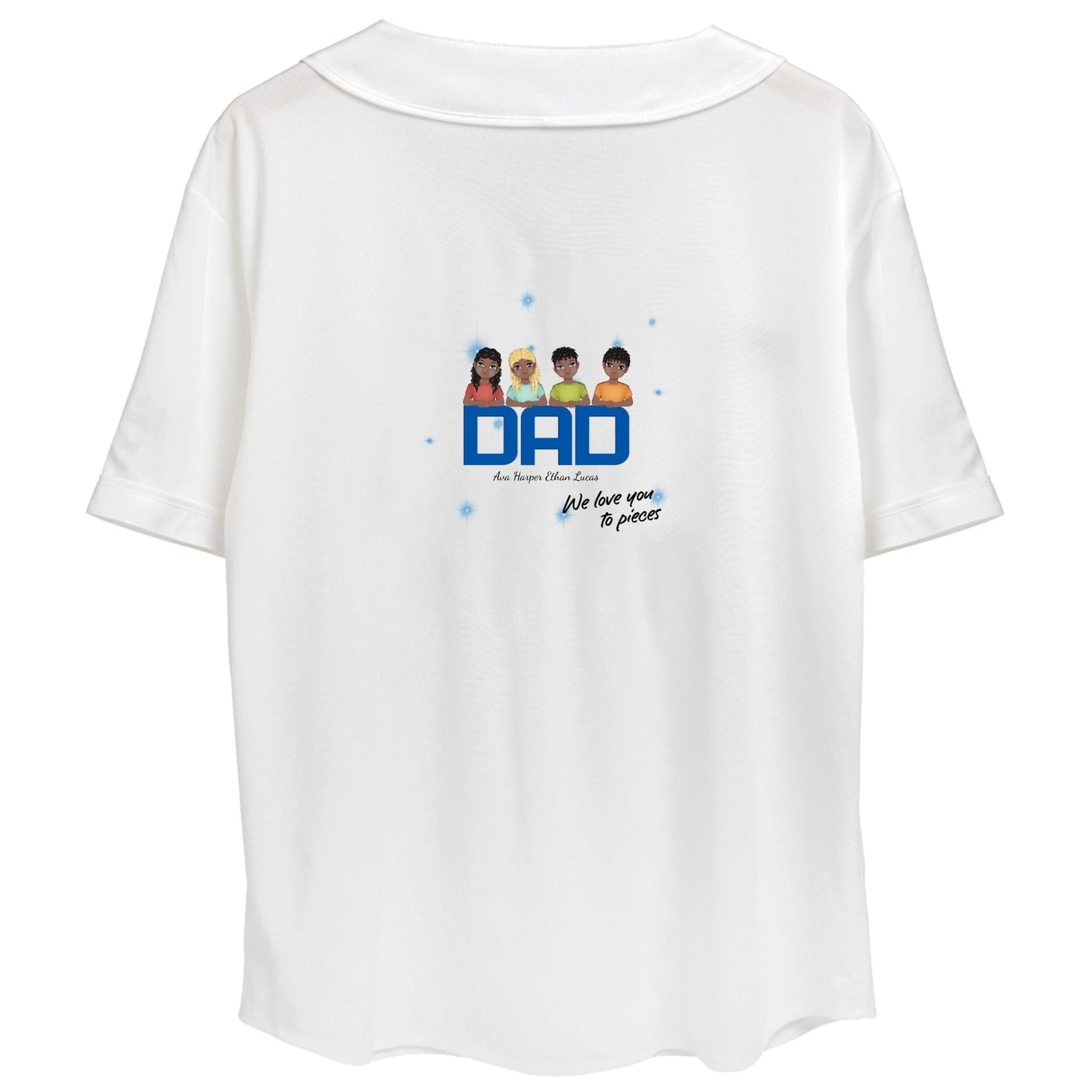 White custom embroidered baseball shirt with a graphic of a father and four children, labeled 'DAD', on a white background. Love life journey