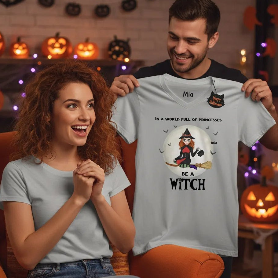 In a World Full of Princesses, Be a Witch Personalized V - Neck T-Shirt | Custom Halloween Witch Portrait Shirt - Love Life Journey - Christmas Gifting Scene - T-shirt in Athletic Heather Colour