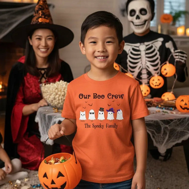 Our Boo Crew Personalized Kids Halloween T-Shirt | Custom Family Ghost Shirt with Names - Love Life Journey - in orange - Happy Family Halloween Scene