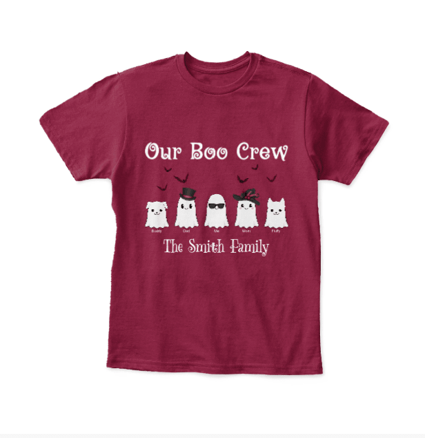 Our Boo Crew Personalized Kids Halloween T-Shirt | Custom Family Ghost Shirt with Names - Love Life Journey - in Cardinal Red Colour