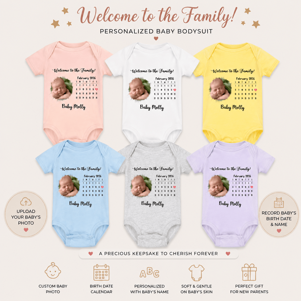 Personalized Baby Photo Calendar Unisex Bodysuit Name & Birthdate - Love Life Journey
