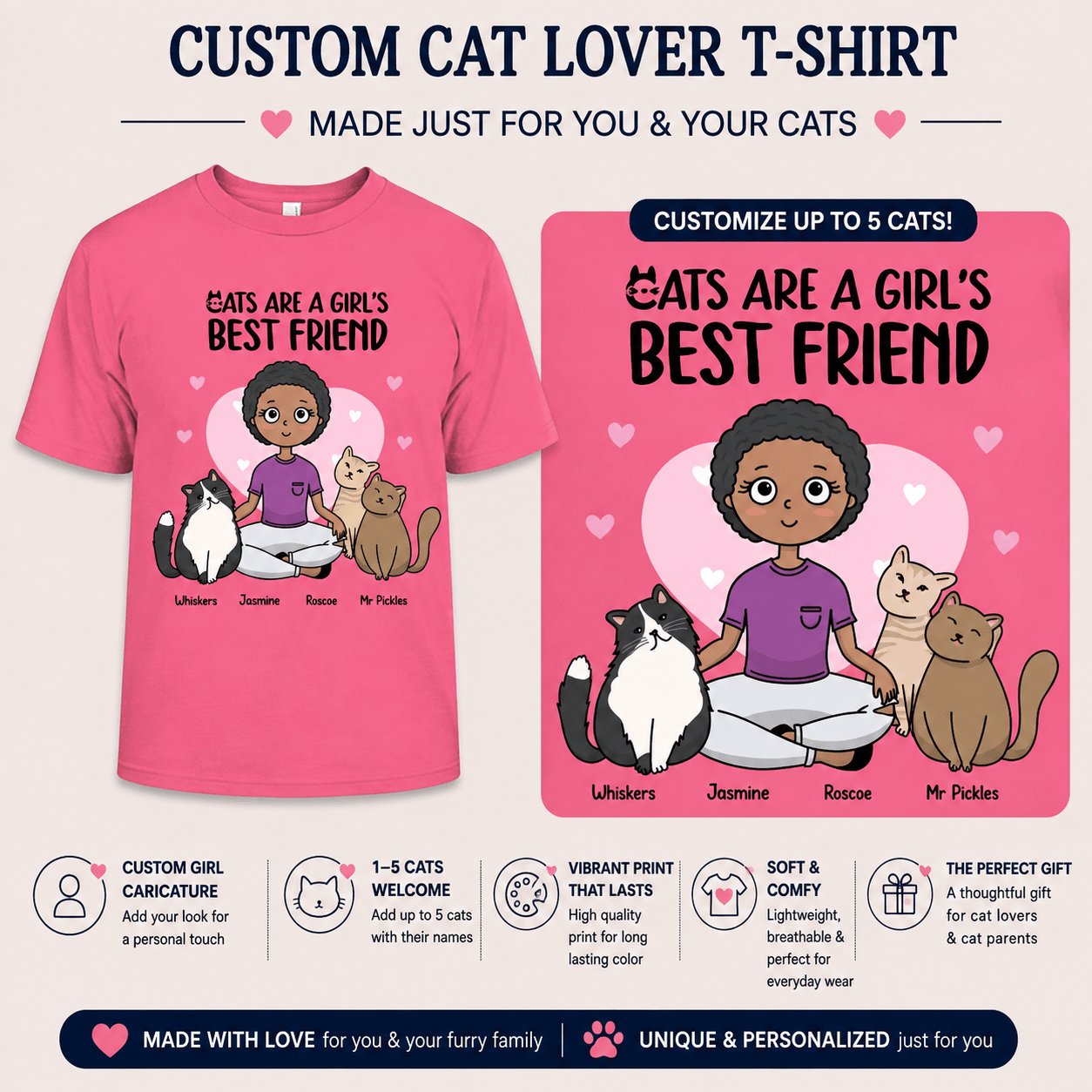 Personalized Cats Are A Girl's Best Friend Adult T-Shirt Custom Cat Lover Gift - Love Life Journey