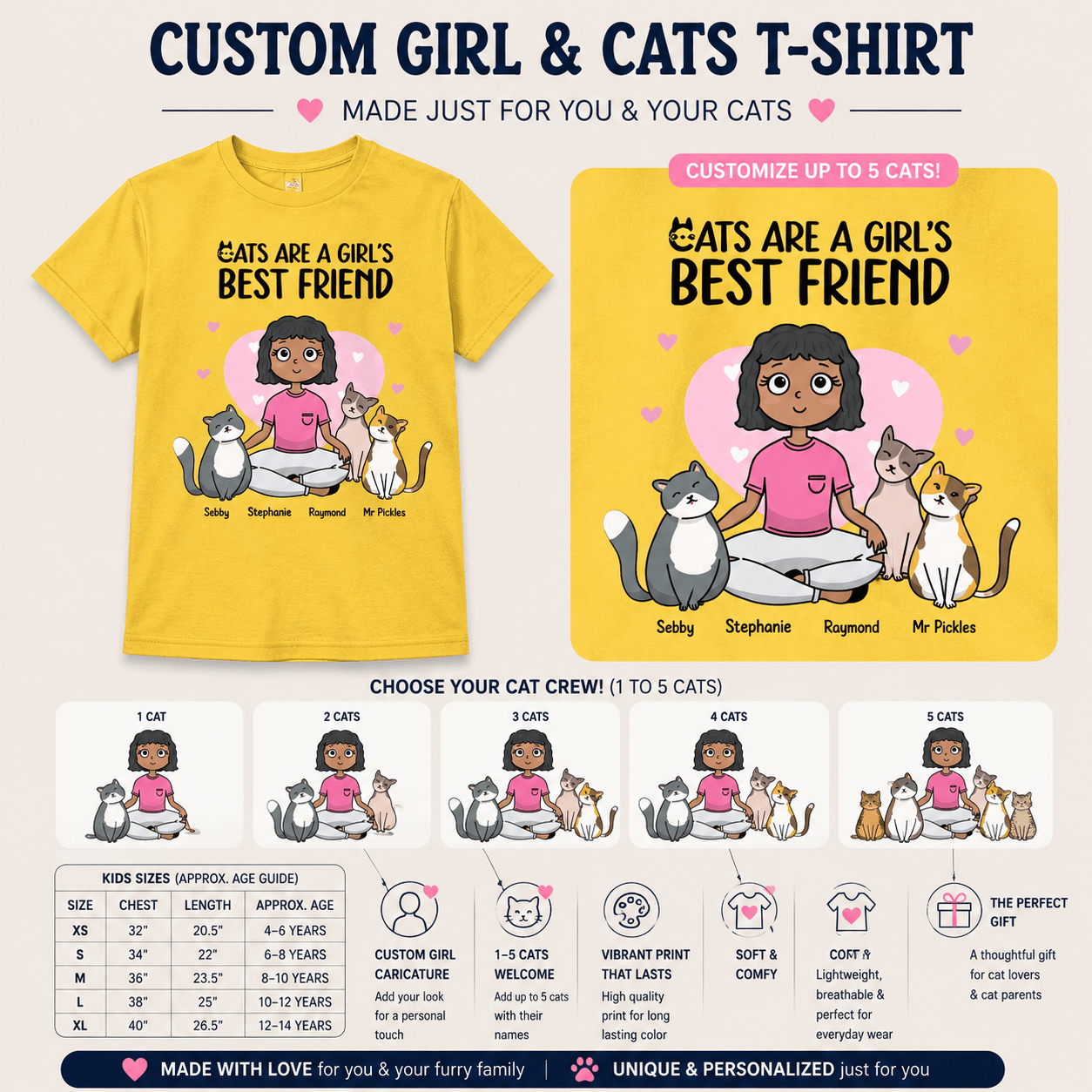 Personalized Cats Are A Girl's Best Friend Kids Unisex T-Shirt Custom Cat Family Tee - Love Life Journey