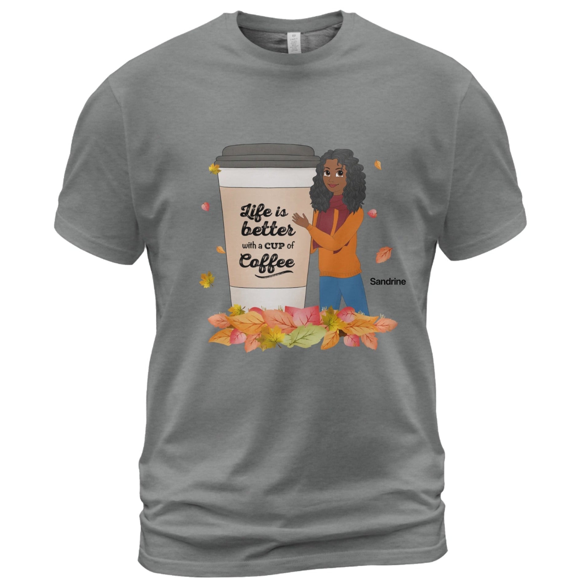 Personalized Coffee Lover Girl T-Shirt in dark grey – Custom Female Character Coffee Tee | Cute Fall Coffee Shirt | Custom Name Gift - Love Life Journey - Custom Gifts -