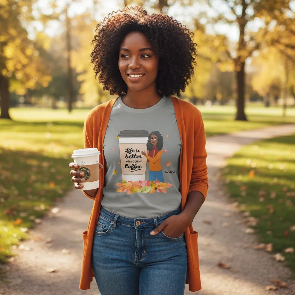 Personalized Coffee Lover Girl T-Shirt in Grey – Custom Female Character Coffee Tee | Cute Fall Coffee Shirt | Custom Name Gift - Love Life Journey - Customs Gifts - Young Lady wearing love life journey custom T-shirt sipping coffee in the park