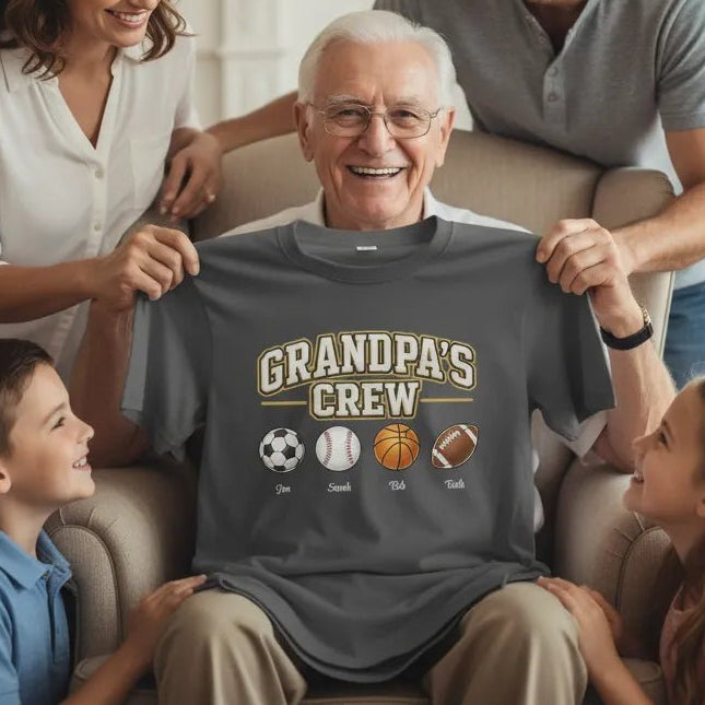 Personalized Grandpa’s Crew T-Shirt | Custom Grandchildren Sports Balls Shirt | Grandpa Gift - Love Life Journey