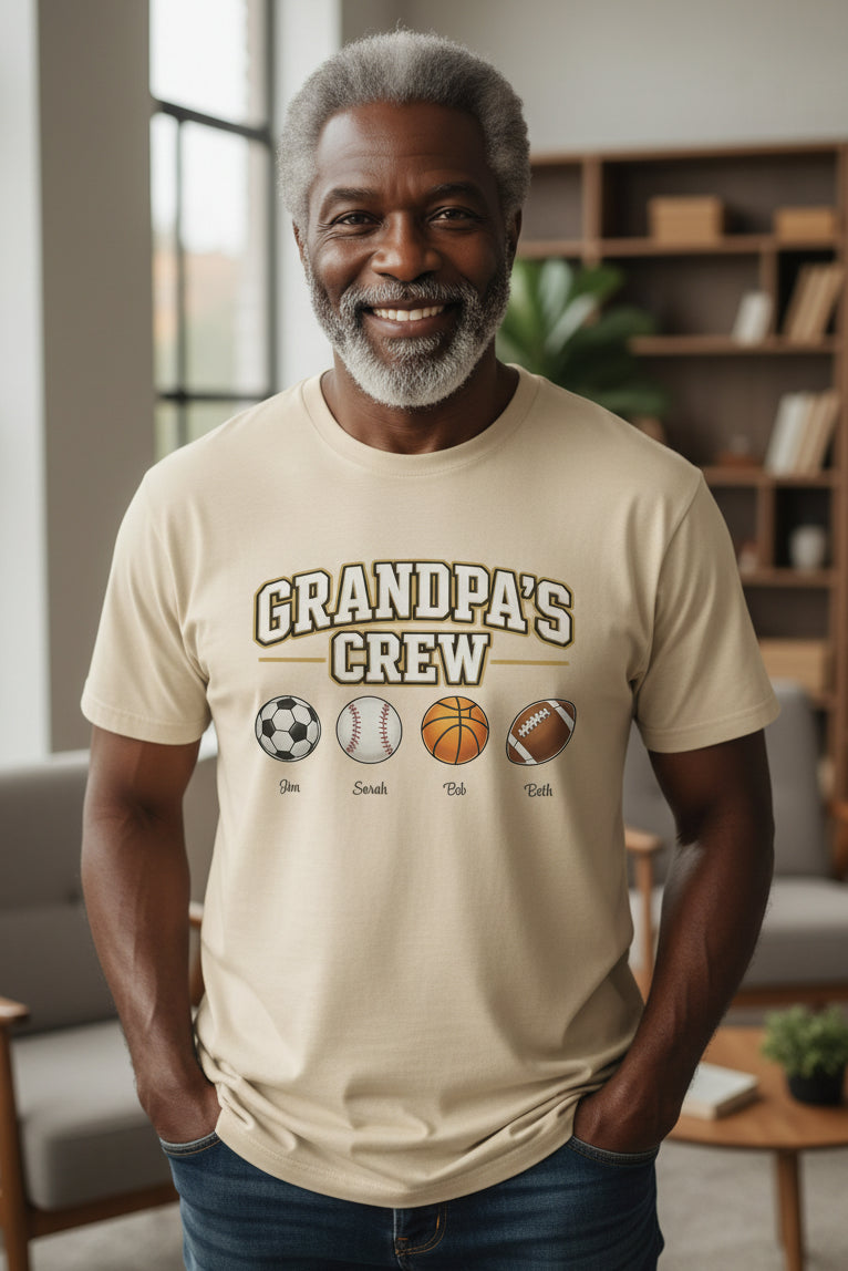 Personalized Grandpa’s Crew T-Shirt | Custom Grandchildren Sports Balls Shirt | Grandpa Gift - Love Life Journey