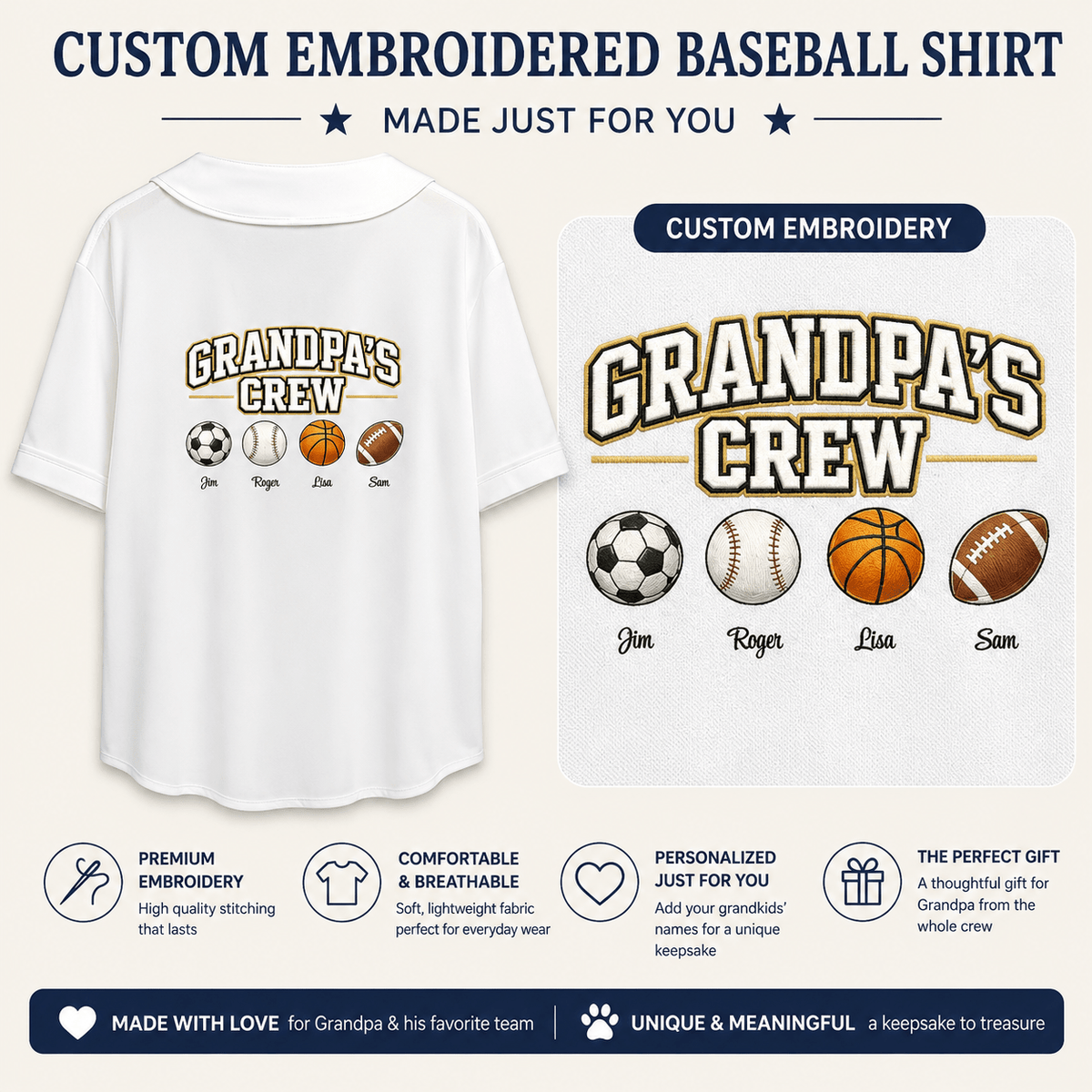 Personalized Grandpa's (or Grandma's) Team Embroidered Unisex Adult Baseball Jersey - Love Life Journey