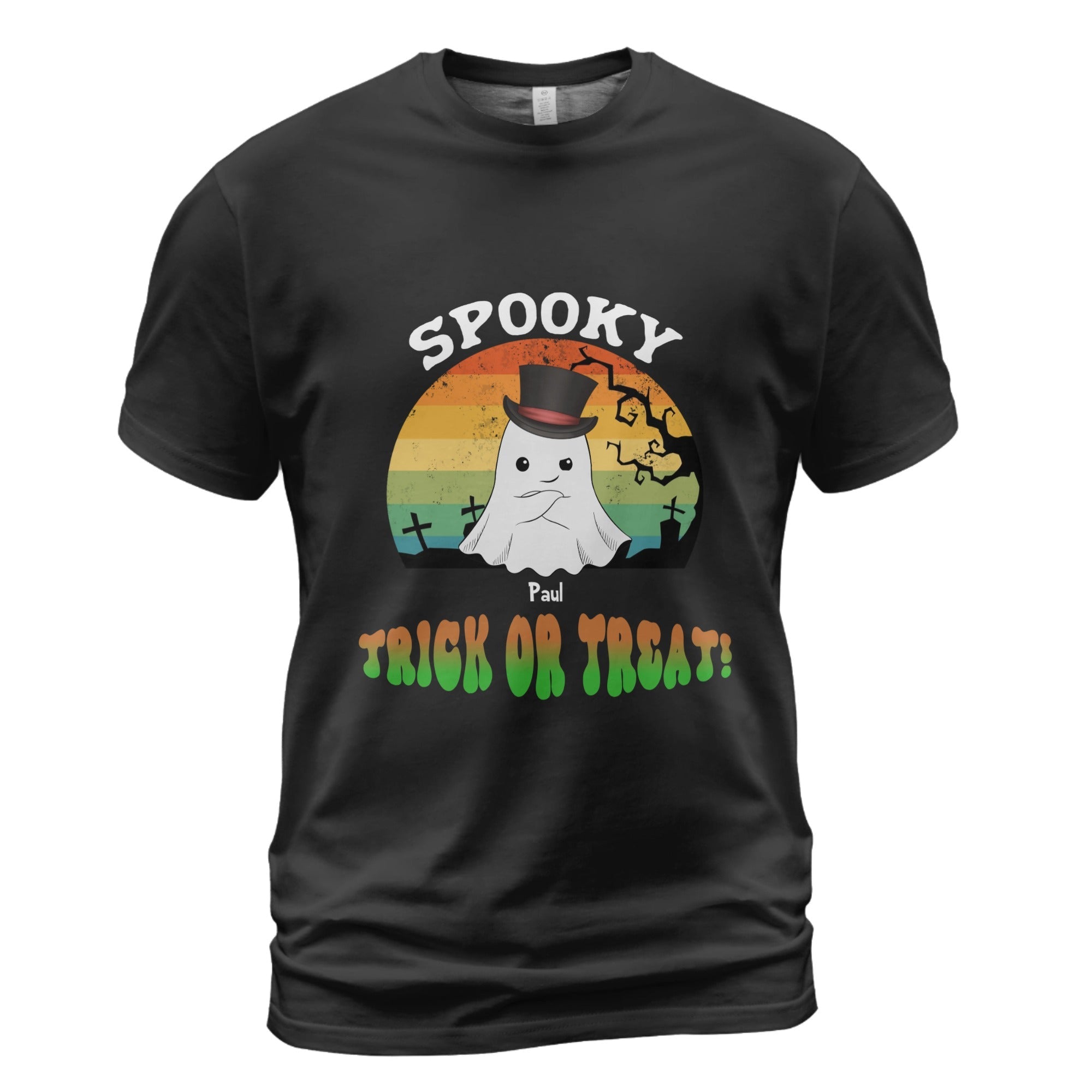 Personalized Halloween Ghost T-Shirt | Custom Cartoon Ghost Portrait with Name & Halloween Message - Love Life Journey - in Black