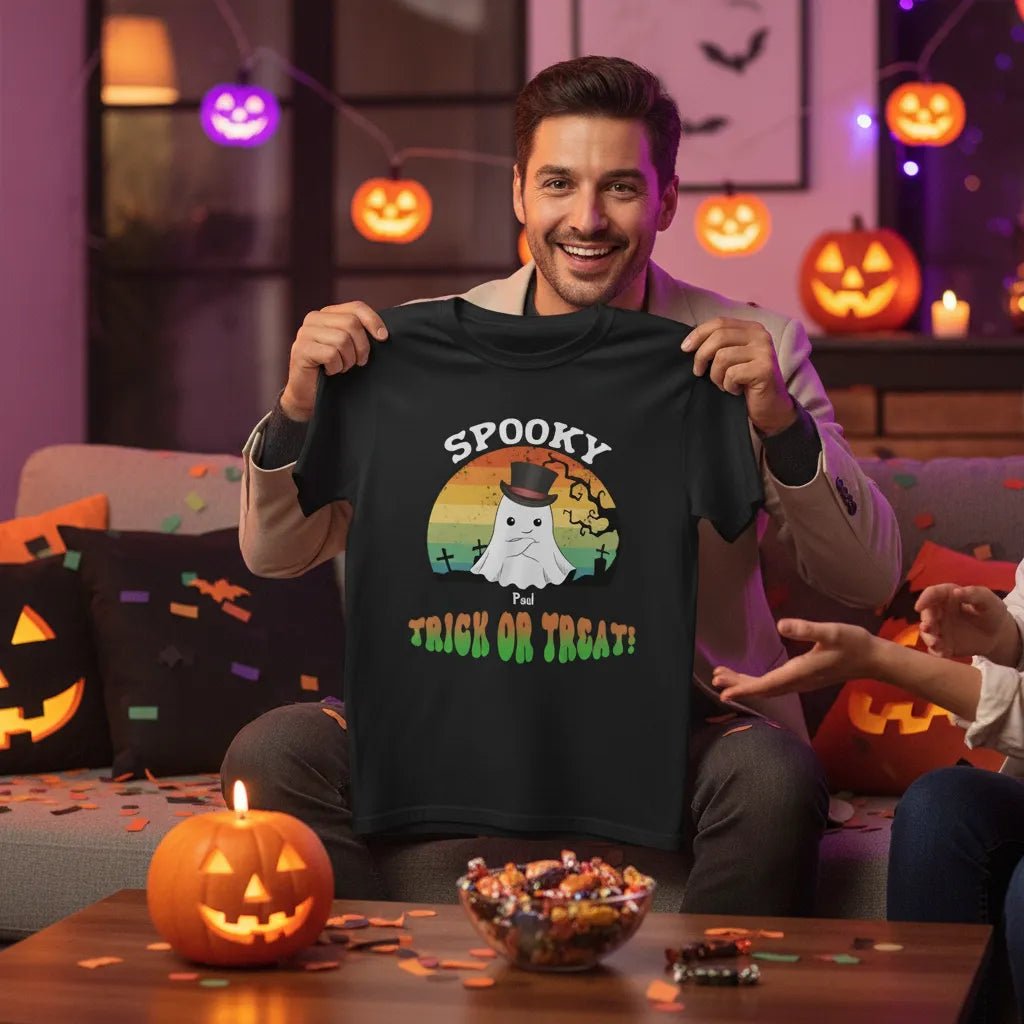 Personalized Halloween Ghost T-Shirt | Custom Cartoon Ghost Portrait with Name & Halloween Message - Love Life Journey - Black T-shirt - Happy Guy