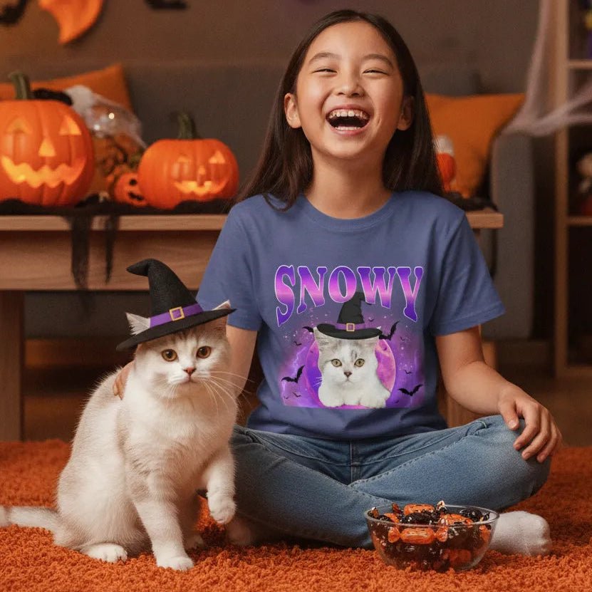 Personalized Halloween Pet Photo Kids Unisex T-Shirt Custom Dog or Cat Witch Hat Shirt with Name - Love Life Journey