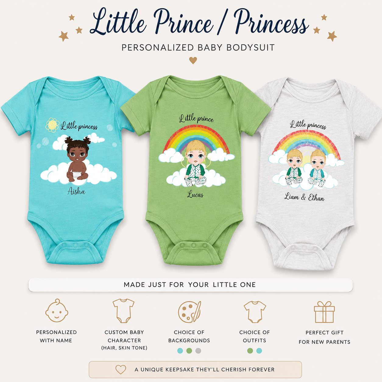 Personalized Little Prince/Princess Baby Unisex Bodysuit Custom Caricature and Name - Love Life Journey