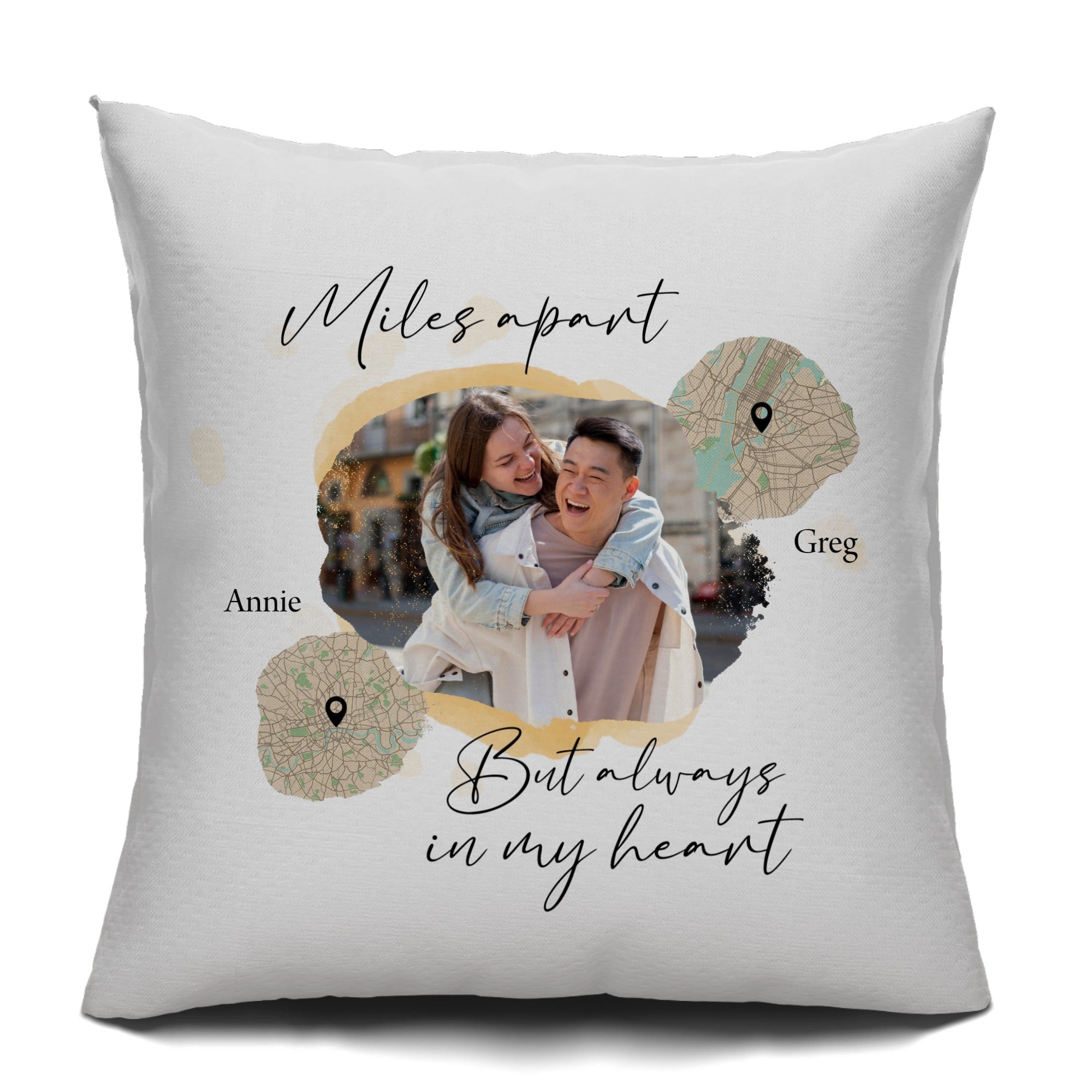 Personalized Long Distance Cushion Cover – “Miles Apart But Always In My Heart” | Custom Photo & Map Pillowcase Gift | Meaningful Keepsake - Love Life Journey