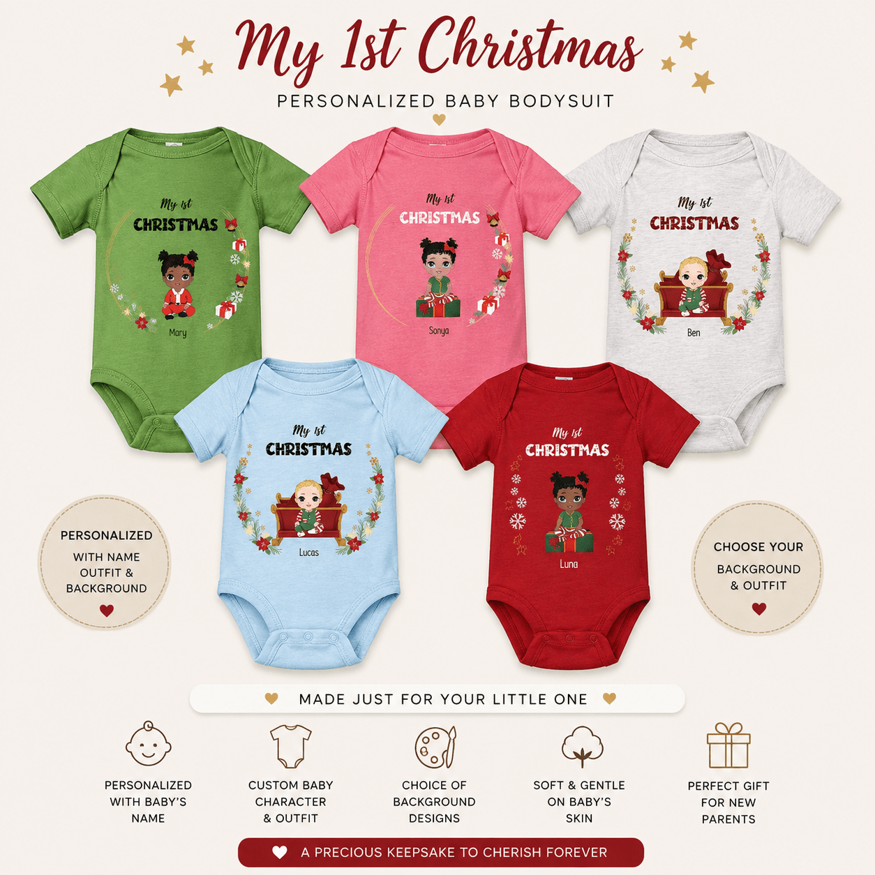 Personalized My 1st Christmas Baby Unisex Bodysuit Custom Baby Name Outfit - Love Life Journey