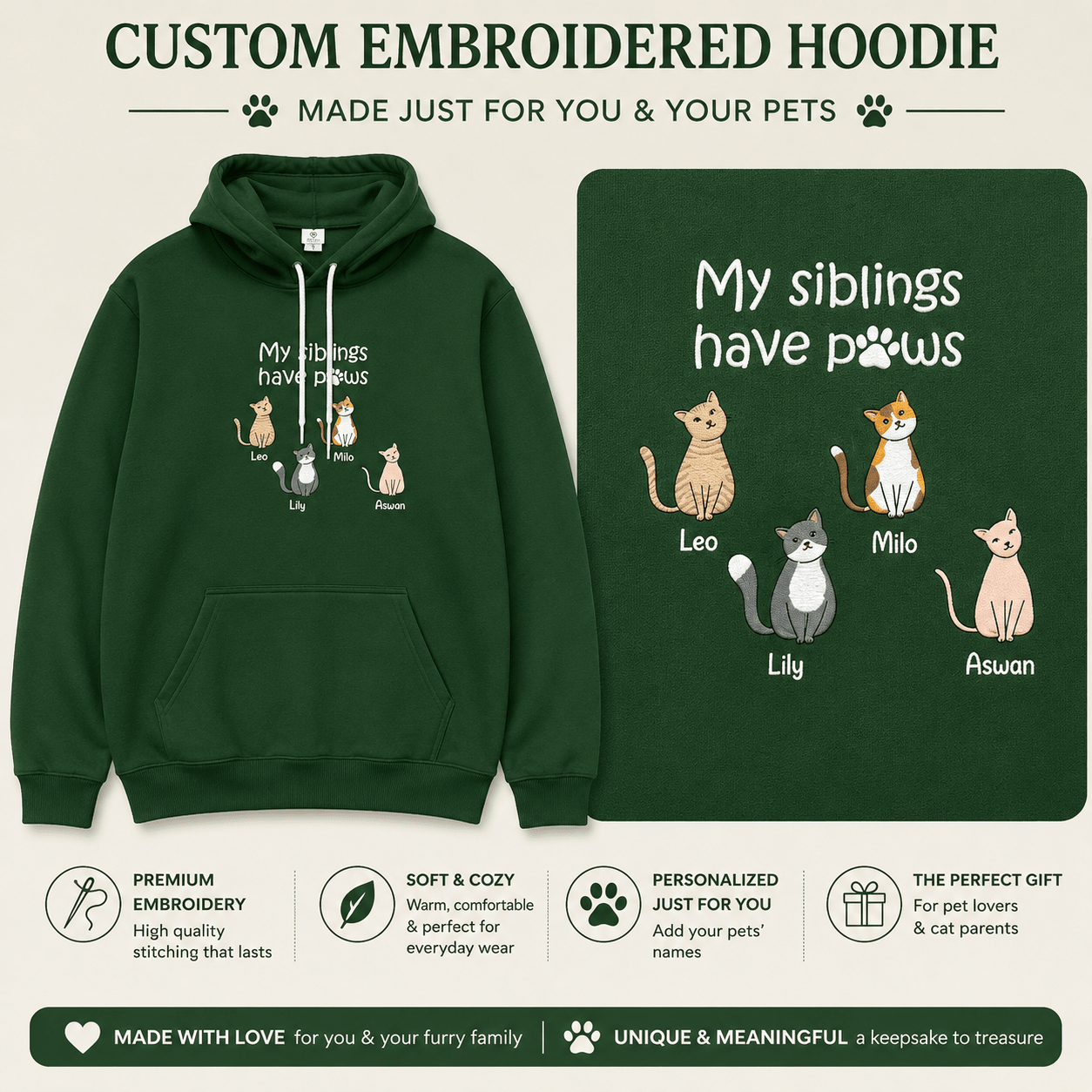 Personalized My Siblings Have Paws Embroidered Adult Unisex Hoodie Pet Cats & Names - Love Life Journey