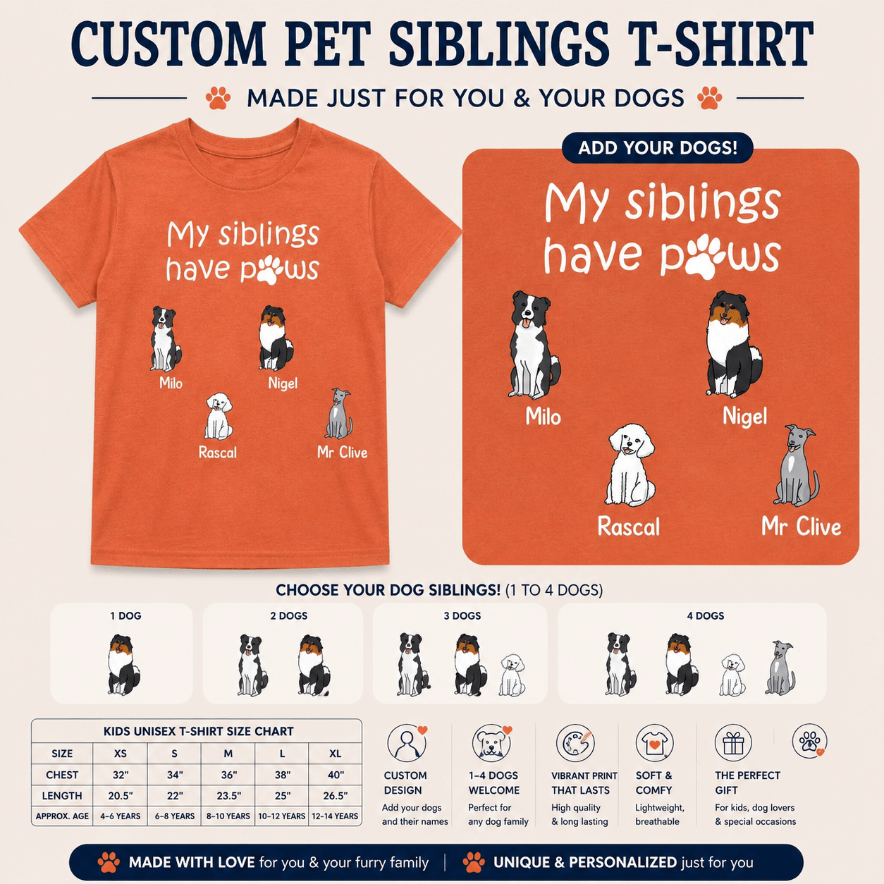 Personalized My Siblings Have Paws Kids Unisex T-Shirt Custom Dogs and Names - Love Life Journey