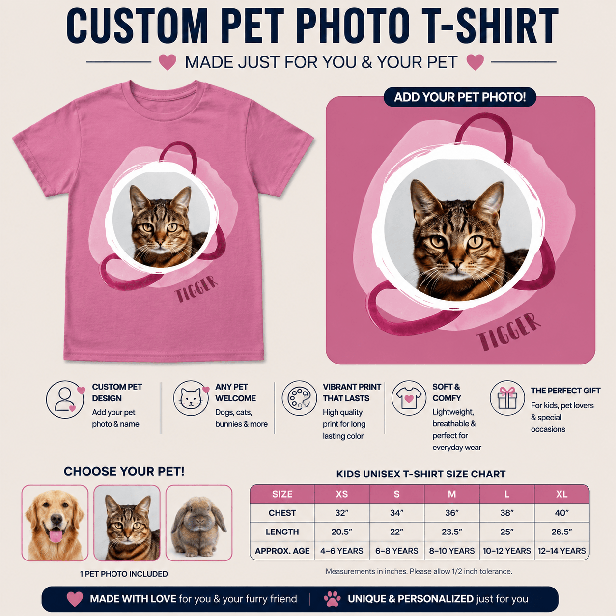 Personalized Photo Frame Kids Unisex T-Shirt Custom Picture and Name Tee - Love Life Journey