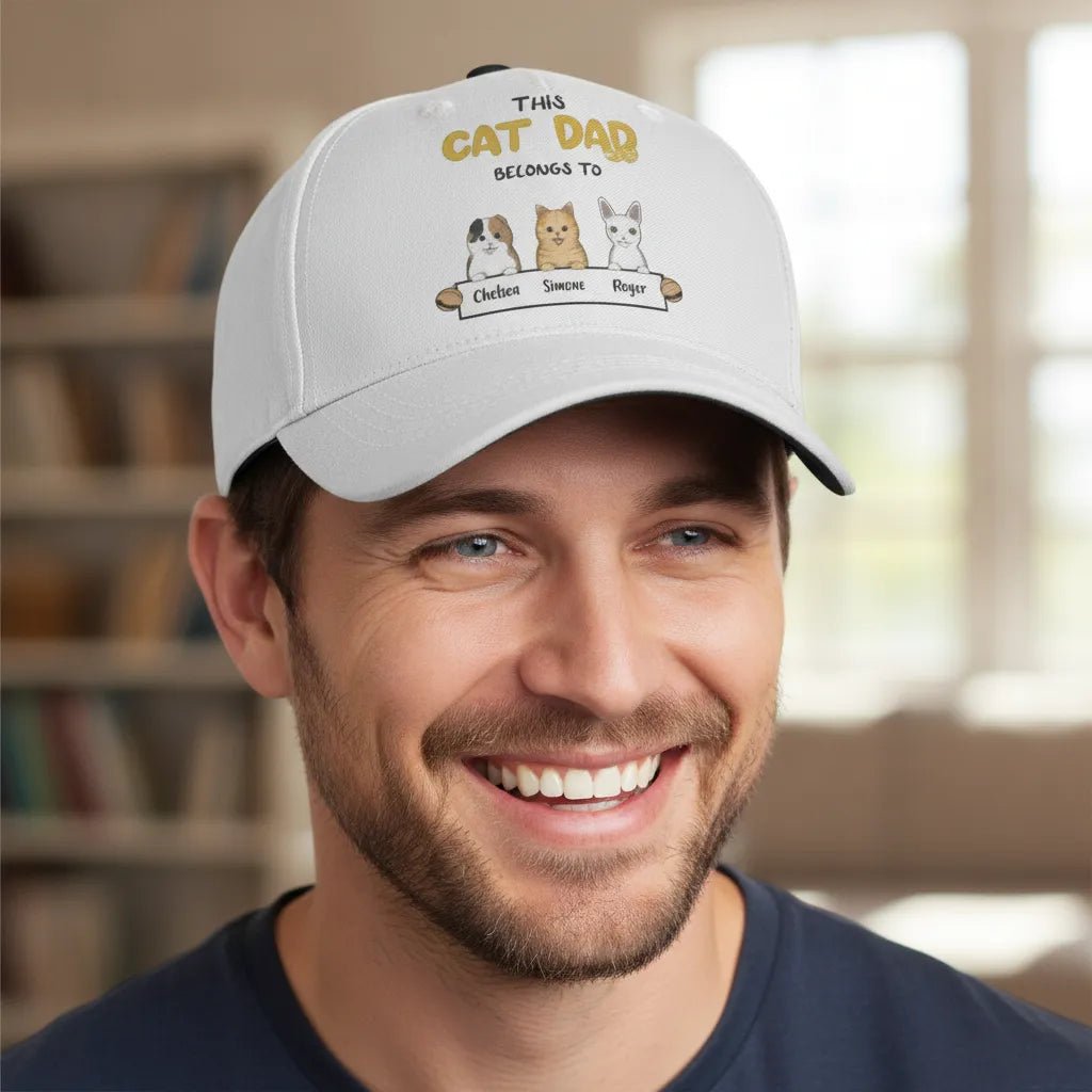 Personalized This Cat Dad Belongs To Baseball Cap Custom Cat Names Hat with 1–3 Cats - Love Life Journey