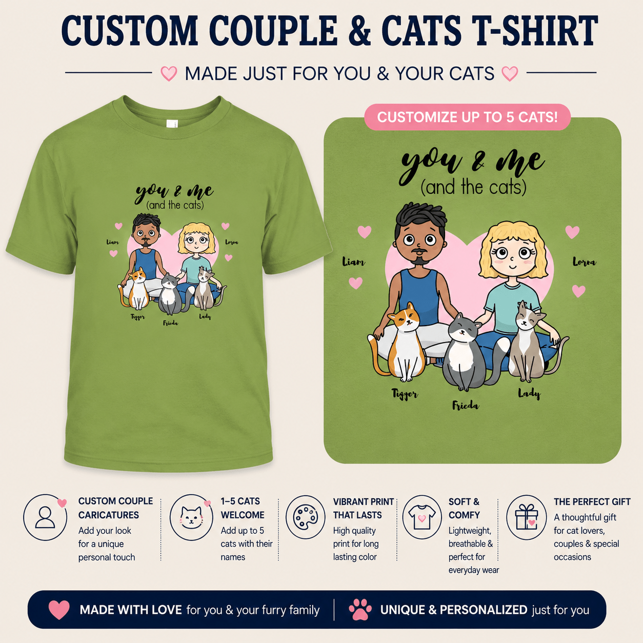 Personalized You & Me (And The Cats) Unisex Adult T-Shirt Custom Couple & Cat Family Shirt with Names - Love Life Journey