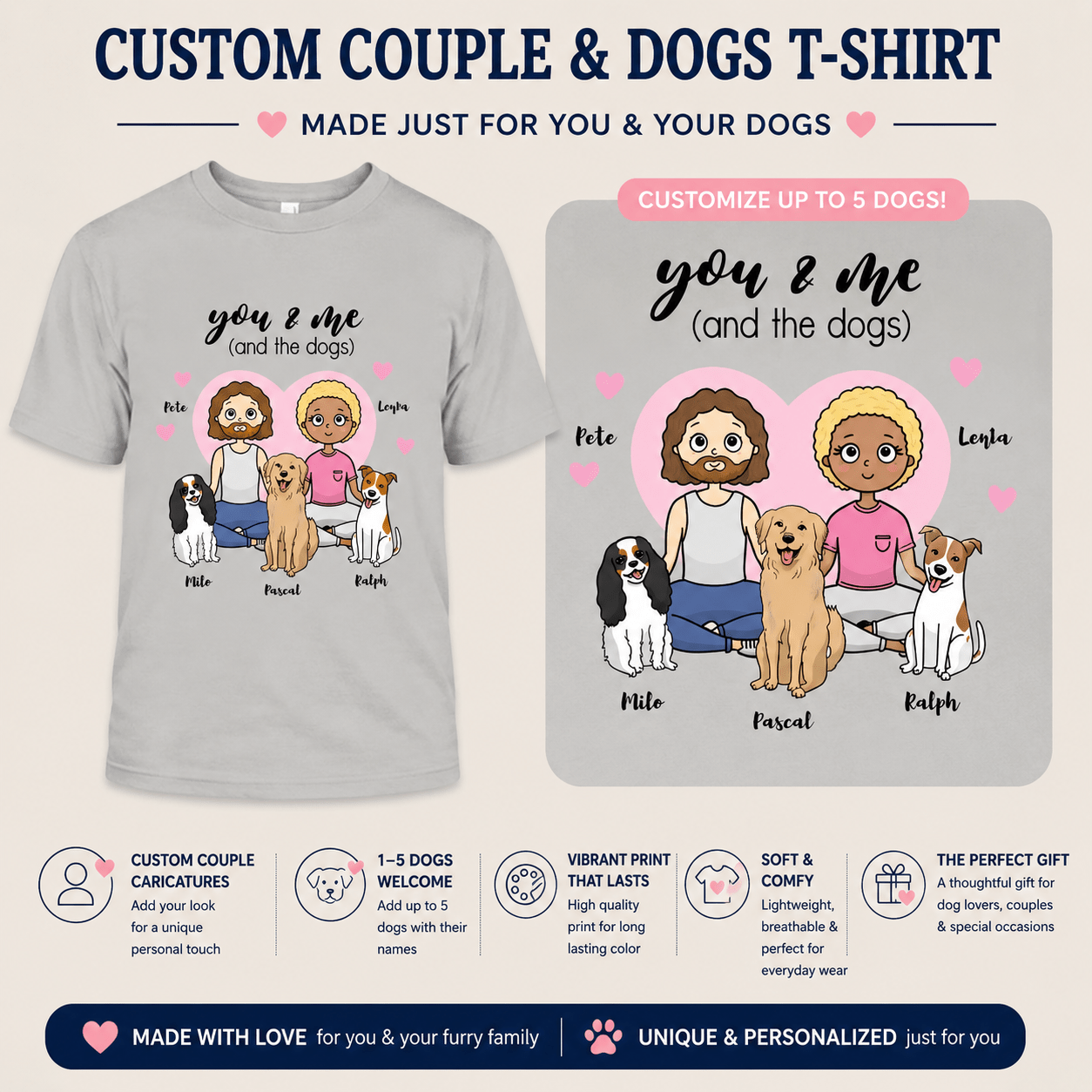 Personalized You & Me (And The Dogs) Adult Unisex T-Shirt Custom Couple & Dog Family Shirt with Names - Love Life Journey