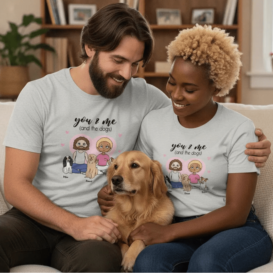 Personalized You & Me (And The Dogs) Adult Unisex T-Shirt Custom Couple & Dog Family Shirt with Names - Love Life Journey
