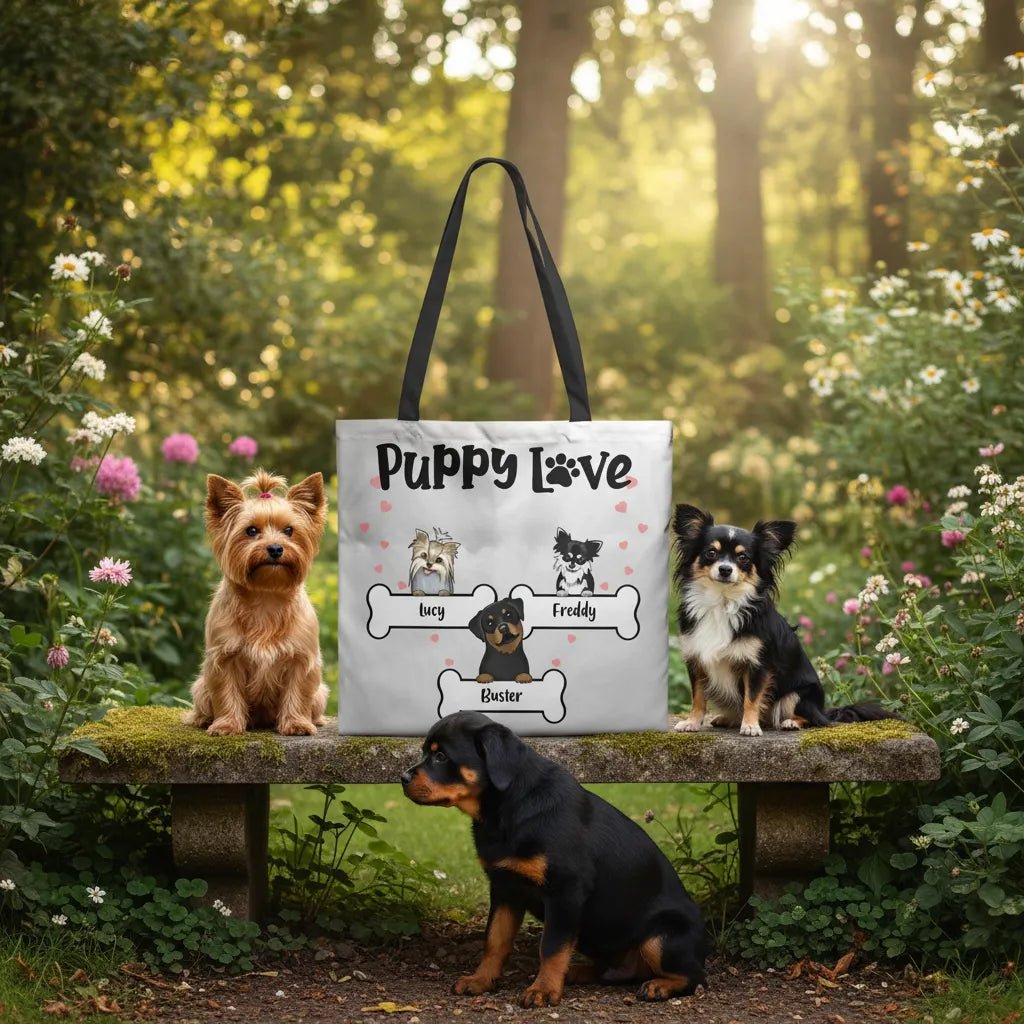 Puppy Love Personalized Lined Tote Bag | Custom Dog Breed Tote with Dog Names - Love Life Journey