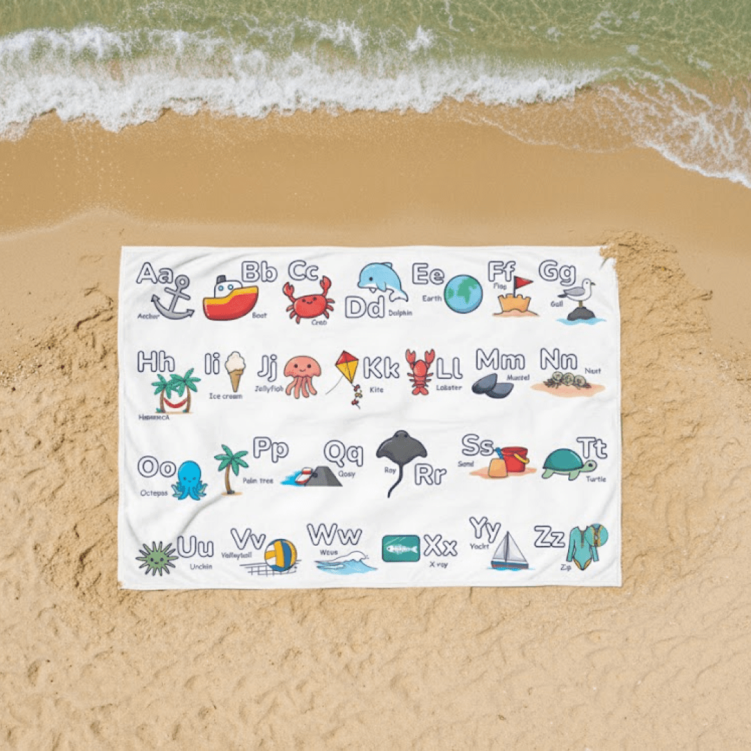 SAND - PROOF BEACH BLANKET Alphabet Learning – Traceable A–Z with Matching Illustrations | Waterproof Family Beach Mat - Love Life Journey