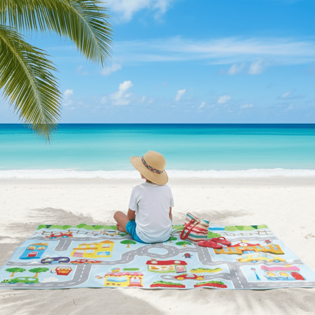 SAND - PROOF BEACH BLANKET Road Map – Kids Toy Car & Train Play Mat | Waterproof Family Beach & Picnic Blanket - Love Life Journey