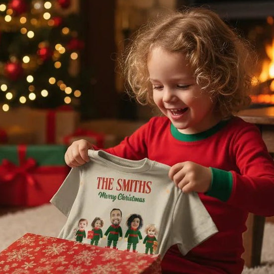 The Family Merry Christmas Personalized Kids T-Shirt | Custom Elf Family Photo Christmas Shirt - Love Life Journey - Custom Gifts - Happy Child Unwrapping Custom Gift T-shirt at Christmas