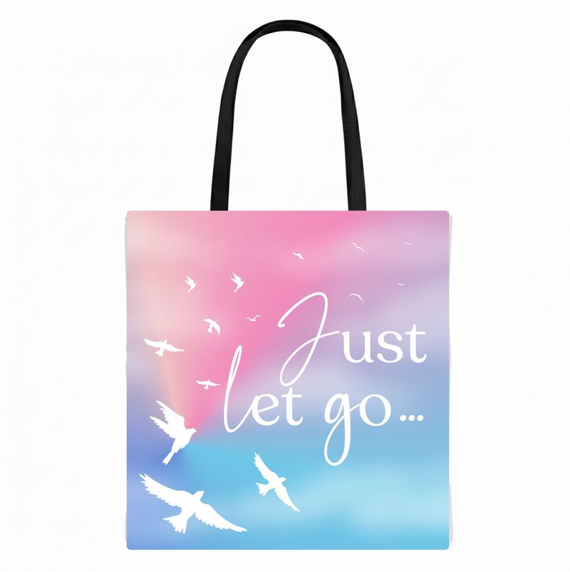 TOTE BAG Peaceful Doves “Just Let Go…” – Lined Durable Canvas | Soft Pink–Purple Sky Design (2 Sizes) - Love Life Journey