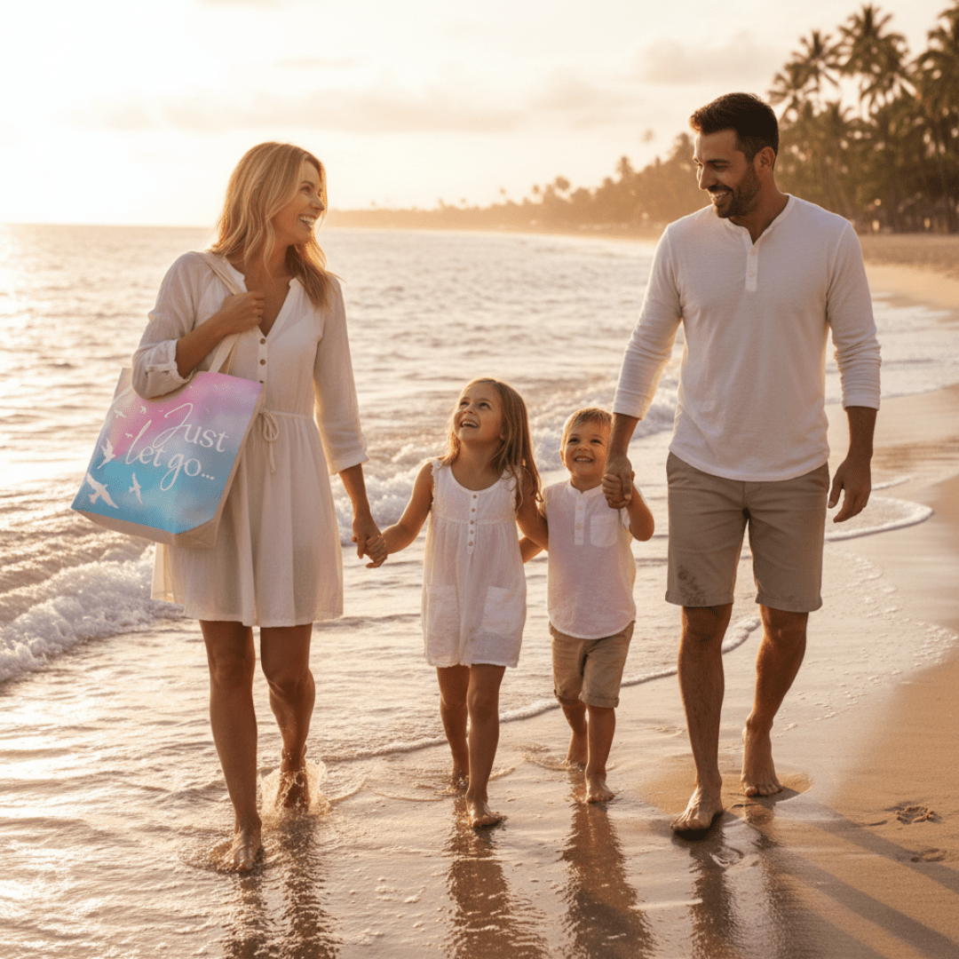 TOTE BAG Peaceful Doves “Just Let Go…” – Lined Durable Canvas | Soft Pink–Purple Sky Design (2 Sizes) - Love Life Journey