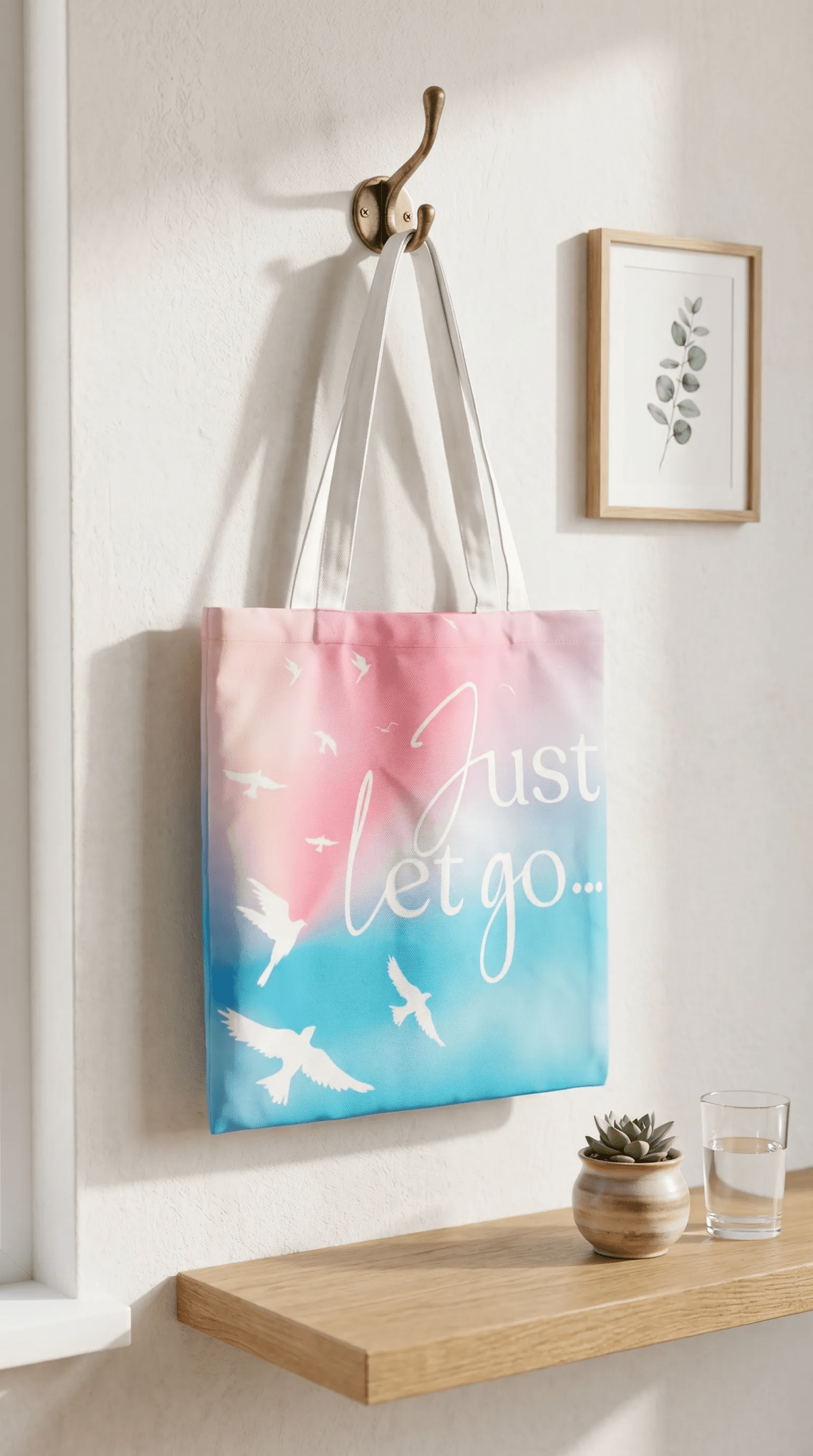 TOTE BAG Peaceful Doves “Just Let Go…” – Lined Durable Canvas | Soft Pink–Purple Sky Design (2 Sizes) - Love Life Journey
